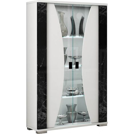 Altobuy – Vitrine 2 portes blanche – Éclairage LED intégré – Décor marbre noir – Dimensions 110 x 41 x H175 cm – Design italien moderne (1/3)