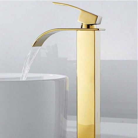 Robinet salle de bain lavabo haut cascade bec pour vasque,Mitigeur eau froide et chau moderne carré chromé trou simple (Doré) (1/5)