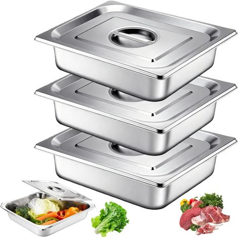 Lot De 3 Bols À Paner GN 1/2, Bac Inox Alimentaire, Plat Four Rectangulaire, Bac Gastro Inox Avec Couvercle, Plat Inoxydable Barbecue Pour Escalopes, Viande, Poisson, 32,5 X 26,5 X 6,5 cm (1/5)