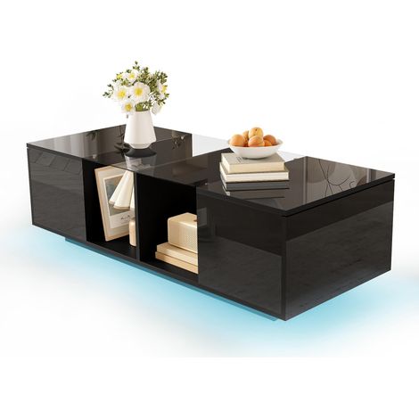 Table basse moderne noire avec éclairage LED, plateau laqué brillant, 120 x 50 x 38,5 cm (1/5)