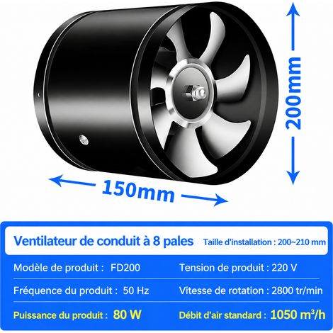 Extracteur d'air tubulaire de gaine 200 mm 8 pouces 220V noir moteur cuivre silencieux noir 8 200mm réf 15 × 20 × 20 cm 1,9 kg – Livraison gratuite