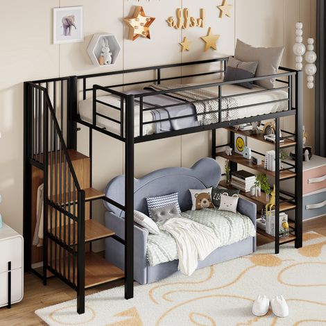 MODFU – Lit mezzanine 90x200 cm métal noir – Escalier à rangements – Penderie et étagères – Garde-corps haut – Noir (1/5)