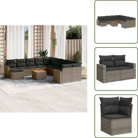 The Living Store 12-tlg. Garten-Sofagarnitur mit Kissen Grau Poly Rattan - Gartenmöbel Set - Outdoor Möbel - Rattan Gartenset - Lounge Set - Esstisch Set