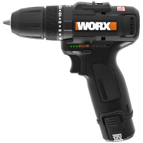 WORX WX121 Trapano avvitatore a percussione a batteria 12 V – Set di trapani a batteria senza spazzole – 2 velocità fino a 38 Nm – leggero e compatto – minimo 0-450/0-1700 rpm – con batteria, (1/3)