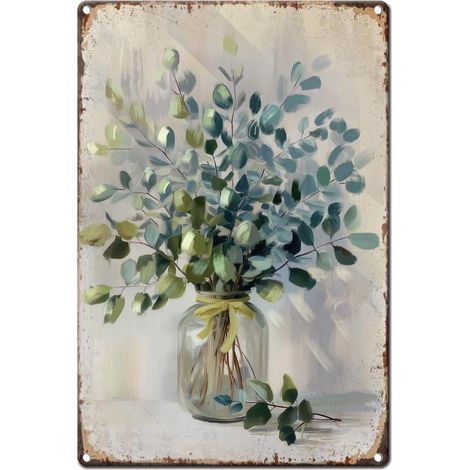 Plaque en métal vintage - 20 x 30 cm - Avec feuilles d'eucalyptus - Aspect rouille - Flore verte - Pour chambre, jardin, cour, maison, balcon, magasin, décoration murale (1/5)