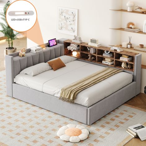 Divano letto 140/200 cm grigio chiaro in velluto con vano idraulico, luce notturna e porte USB/Type-C (1/5)