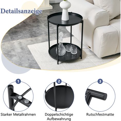 Table basse ronde 2 niveaux, cadre en métal, 42x52 cm, table d'appoint avec étagère, style scandinave moderne, noir et blanc (1/5)