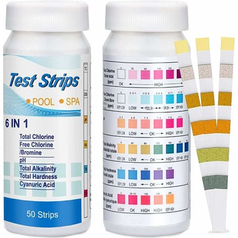 6 en 1 pour Piscine,Lot de 50 Kit D'analyse de l'eau,Bandelettes de Test pour Piscine,pour Test de Qualité d'eau sur Chlore, Brome, Nitrite, Nitrate, Dureté, Alcalinité Totale, PH Marque (1/5)