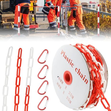 Chaîne de signalisation, en plastique rouge et blanc, 6 mm d'épaisseur, avec 4 mousquetons, pour chantier, parking, file d'attente, chaîne en plastique (25 m, rouge blanc) (1/5)