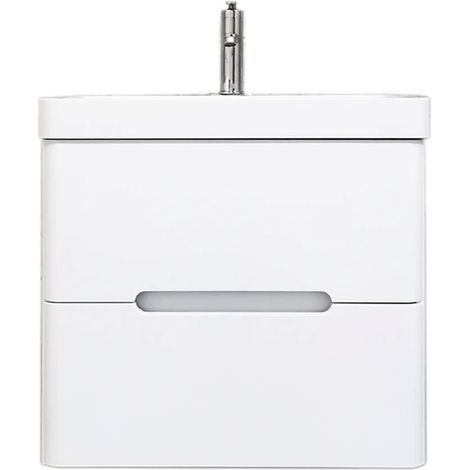 Meuble salle de bain suspendu avec vasque lavabo 60 cm blanc brillant, meuble sous vasque avec plan résine, rangement moderne et design pour salle d’eau (1/5)