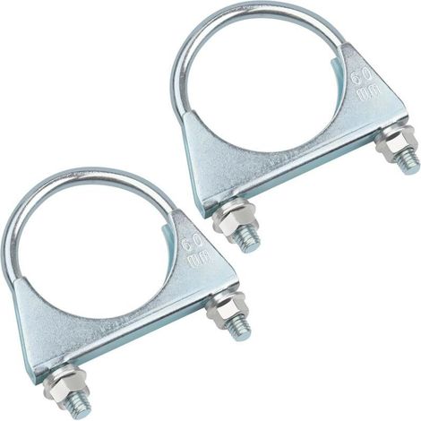 Lot de 2 colliers de serrage pour tuyau d'échappement - 60 mm - En acier galvanisé - Avec écrou, plaque - Boulon en U pour raccords de tuyaux (1/5)