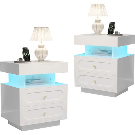 Table de chevet avec éclairage LED, deux tiroirs et une niche de rangement ouverte  finition blanche  dimensions : 100 cm (L) x 40 cm (P) x 60 cm (H). (1/5)