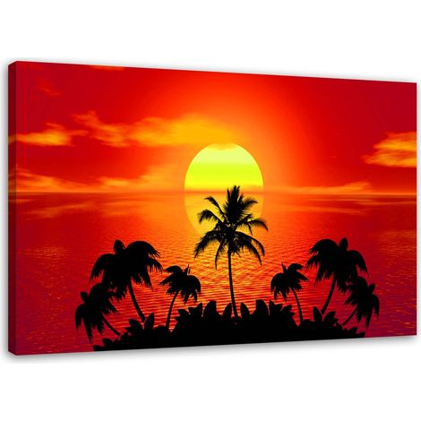 Tableau sur toile PALM SEA rouge coucher de soleil 60x40 (1/5)