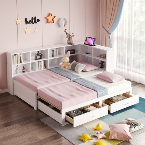 MEUBLIV Lit 90x190 cm blanc – gigogne avec rangement et prise, sans matelas (1/5)