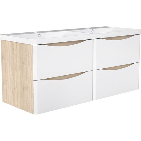 AICA Ensemble de meubles de salle de bain Brillant 120 cm avec vasque + 4 tiroirs, Blanc et Chêne