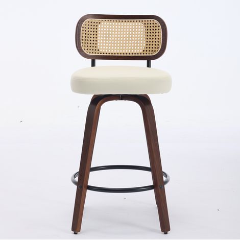 Lot de 2 tabourets de bar hauteur comptoir en bois de noyer avec dossier en rotin ventilé et assise rembourrée, couleur noyer et beige (1/5)