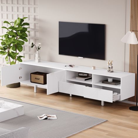 Meuble TV 200x41x51 cm, avec rangement géométrique abstrait et 5 pieds en métal, Buffet bas meuble de salon pour téléviseur jusqu'à 90 pouces, Blanc (1/5)