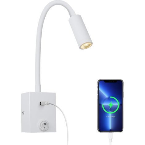 LED-Wandleselampe, 3 W, flexibler Schwanenhals (360°) und USB-Anschluss fürs Schlafzimmer, warmweißes Licht (3000 K), Weiß