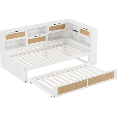Lit banquette bois 90x200 blanc, lit gigogne, rangement, USB, blanc