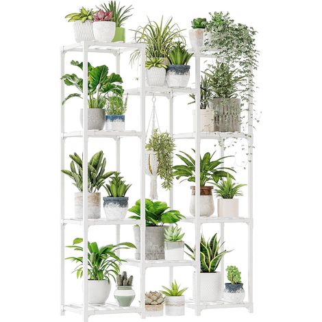 Étagère pour plantes d'intérieur blanche - Étagère en bois pour plusieurs plantes - 3 niveaux - Support pour 7 pots de fleurs - Décoration d'intérieur bohème pour le jardinage (1/5)
