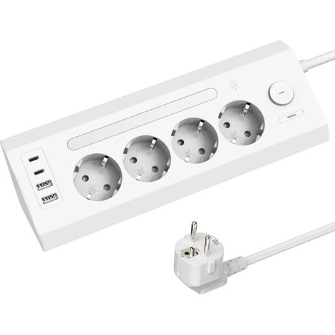 (Blanc) Panneau de prises standard européen 8 en 1 avec 2 ports USB, 2 ports Type-C et un interrupteur de commande principal. (1/5)