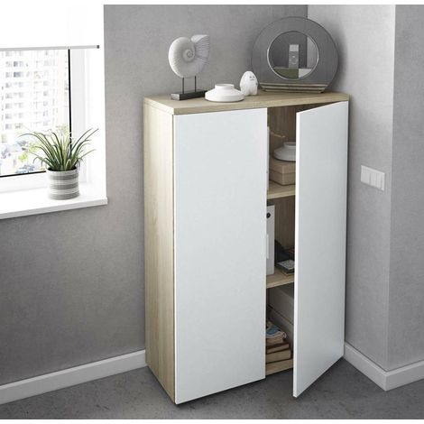 Dmora Armario multifunción Plano, Armario multiusos con 2 puertas, Zapatero con 3 baldas, zapatero moderno, cm 80x33h119, Roble y Blanco (1/5)