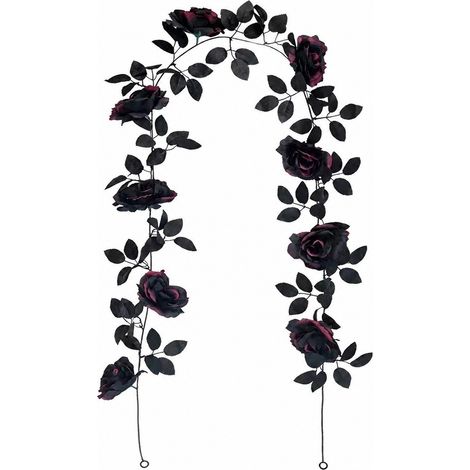 Guirlande d'Halloween en rotin et roses noires artificielles, décoration florale en soie pour la maison, guirlande de roses d'Halloween de 1,75 m à 2 m (1/3)