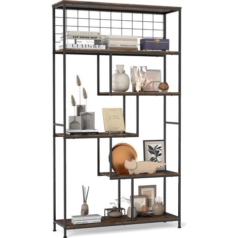 COSTWAY 6 Tier Industrial Bookshelf with Metal Net Back Antique Finish Brown (1/5)