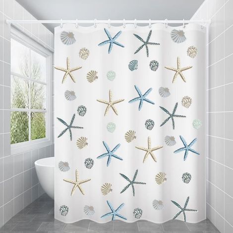 Rideau de douche 180x180 cm, rideau de douche en Peva imperméable et anti-moisissure, avec 12 anneaux de rideau, motif étoile de mer (1/4)
