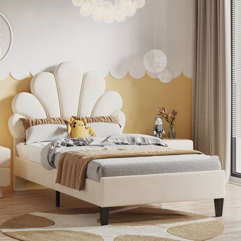 Einzelbett 90x200 cm mit Lattenrost, Bettgestell mit Kopfteil in Blumenform, Beige