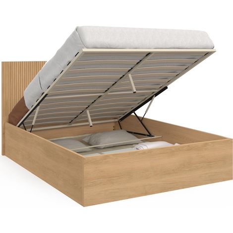 Idmarket – Lit coffre double SEASIDE 140 x 190 cm – Tête de lit JULIETTE effet lattes bois – Grand coffre de rangement – Sommier 24 lattes (1/5)
