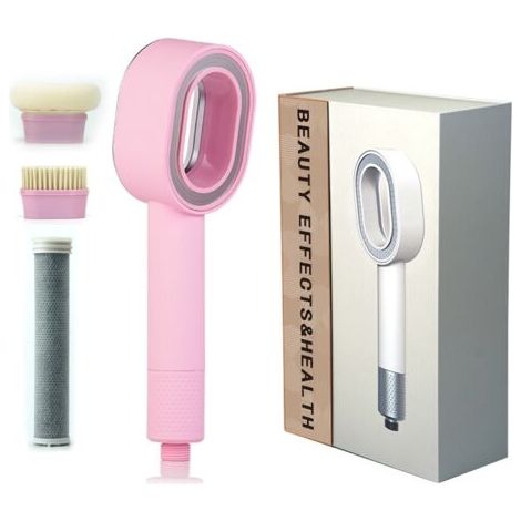 Pommeau de douche avec filtre, douchette 3 en 1 avec brosses/éponge de nettoyage, massage, haute pression, ensemble de douche à économie d'eau pour eau dure (gris)