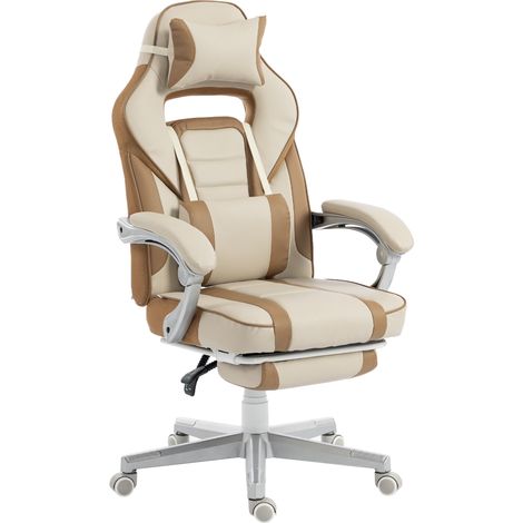 Silla gaming reclinable con altura regulable, reposapiés retráctil, soporte lumbar y reposacabezas extraíble - Color crema (1/5)
