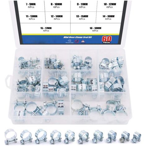 Packung mit 60 Mini-Schlauchschellen für Benzin und Dieselkraftstoff, 10 Größen (1/4)