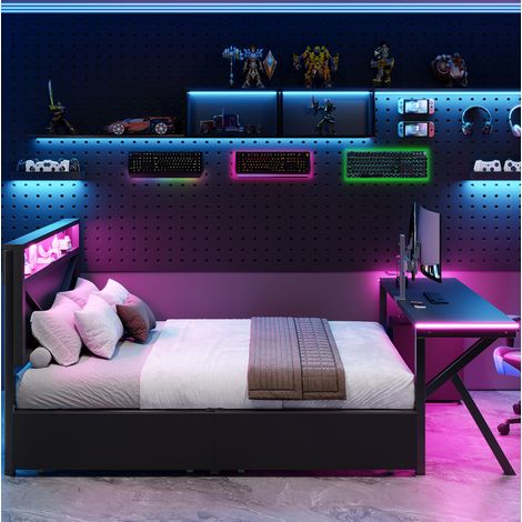 Lit plateforme gaming 140x200 cm en MDF et métal noir, LED, rangement, gain de place – MEUBLIV (1/5)