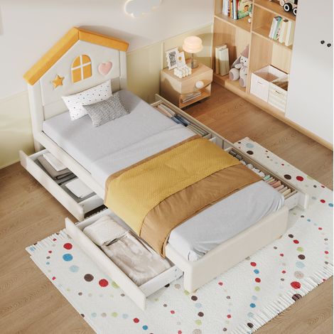 Kinderbett 90x200 cm, Hausform, 4 Schubladen, beiger Samt, Deko-Kopfteil (1/5)