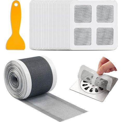 Filtre à cheveux de douche, attrape-cheveux, en maille jetable, avec spatule en plastique, autocollant, pour caniveau de douche, baignoire, balcon, douche, baignoire (1/5)
