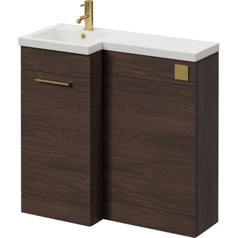 Napoli 390 Brown Oak 900mm Single Door Vanity Unit Toilet Suite with Left Hand Square Lucia Basin - 900mm - Brushed Brass 160mm HandleWithout Kingston Toilet Pan
