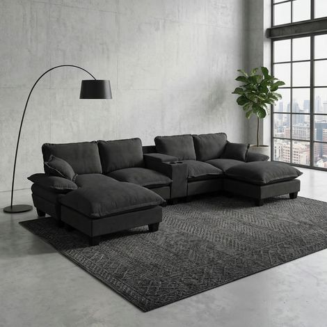 Canapé cloud modulaire en U, style voilier avec porte-gobelets et rangement, port USB, 2 ottomans et 2 coussins, revêtement en chenille pour appartements et salons, noir (1/5)