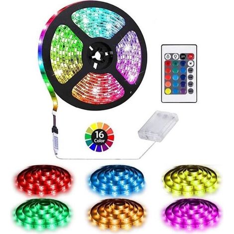 Lumières de bande LED alimentées par batterie avec télécommande, auto-adhésives, découpables, étanches, 2M 60Led RGB Strip Lights-Ywey (1/4)