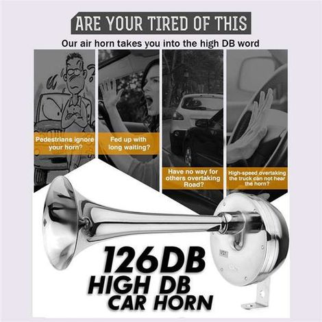 An extremely powerful universal pneumatic car horn made of silver-colored metal, 12 V, 126 dB, with chrome-plated air hose and bracket. (1/5)