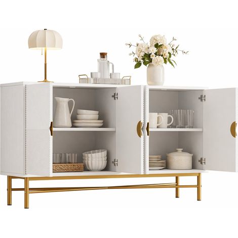 Credenza contenitore 160x40x82 cm bianca in MDF con 4 ante e maniglie dorate - CHICFURN (1/5)