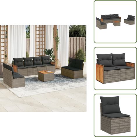 The Living Store 9-tlg. Garten-Sofagarnitur mit Kissen Grau Poly Rattan - Gartentisch (1/5)
