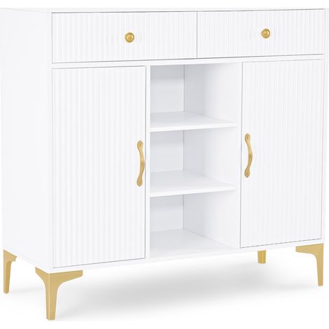 BarberPub Sideboard mit 2 Schubladen, Badezimmerschrank mit 3 Offenen Fächern & 2 Verstellbaren Ablagen, Küchenschrank, Kommode Weiß, Beistellschrank für Nagelstudio, Badschrank, 40x100x95cm, 6647