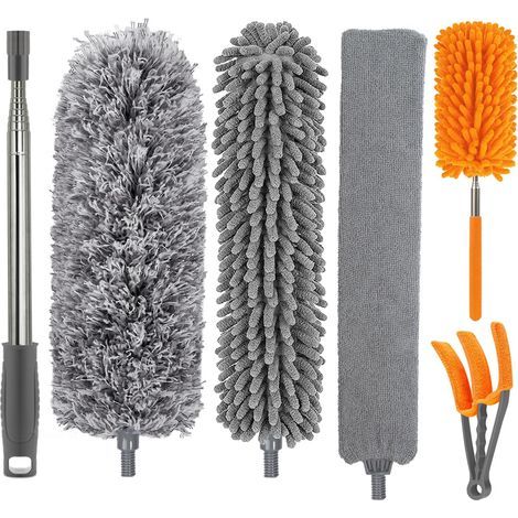 Plumeau Poussière, Microfibre avec Poignée Télescopique en Acier Inoxydable, Pliable Lavable pour Nettoyage Poussière Plafond Rideau Lustre., Gris (1/5)