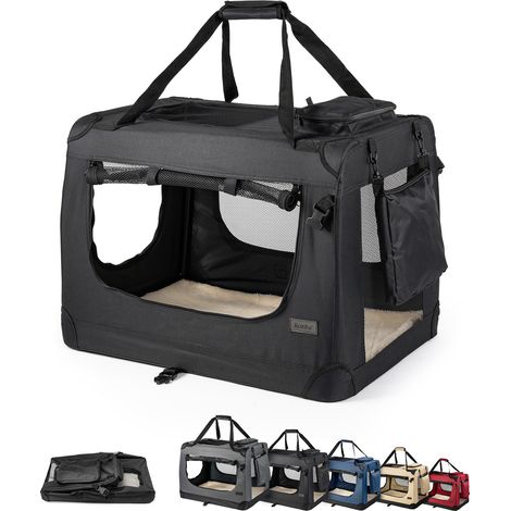 lionto Stoff-Katzentransportbox faltbar, belüftete Transportbox mit Reißverschluss-Zugängen & weichem Innenkissen, 60x42x44 cm, schwarz