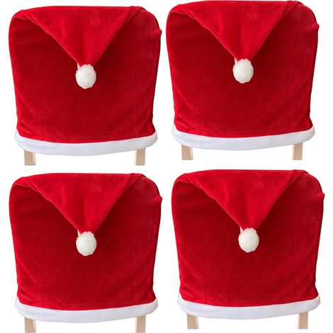 Lot de 4 housses de chaise de Noël, housses de dossier de chaise à manger en velours rouge de père Noël - housses pour Noël, restaurants, festivals de fêtes et décoration de fêtes. (1/4)