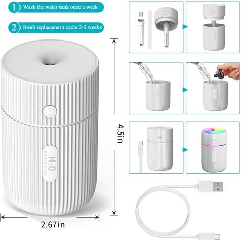 Humidificateur, mini humidificateur ultrasonique avec 2 modes de brumisation réglables, arrêt automatique et veilleuse colorée, humidificateur USB portable pour voiture, maison, bureau, chambre (blanc (1/5)