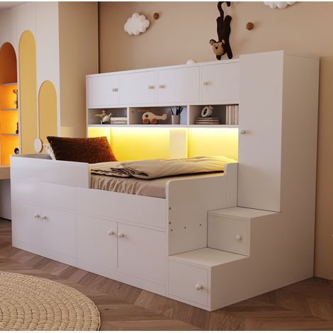 Cama alta infantil 90x200 cm de madera blanca con almacenaje, sin colchón – MEUBLIV (1/5)