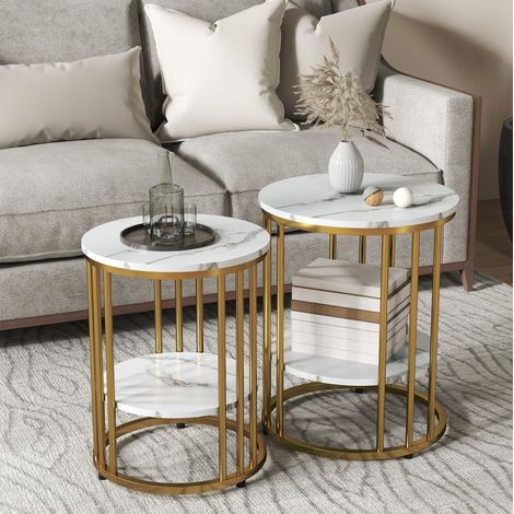 Set de tables basses rondes blanches en bois et métal avec plateau effet marbre et rangement (1/5)